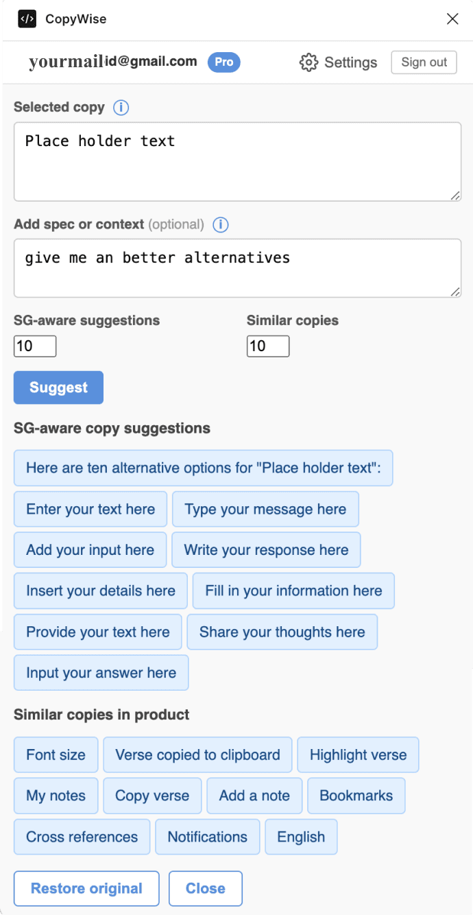 CopyWise AI suggestions and similar copies